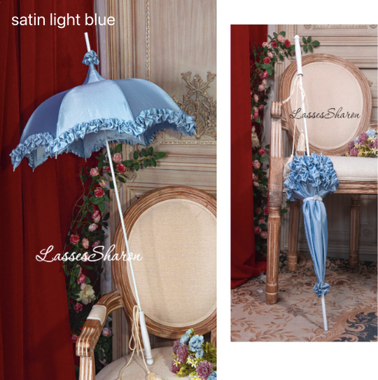 Handmade European Style Vintage Flounce Lolita Parasol Multicolors pagoda-shape satin light blue 