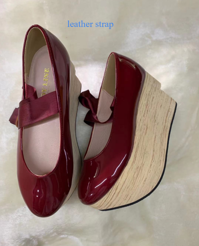Seventh Sense~Lace Up Japanese Style Wa Lolita Shoes 37 shining wine red leather strap