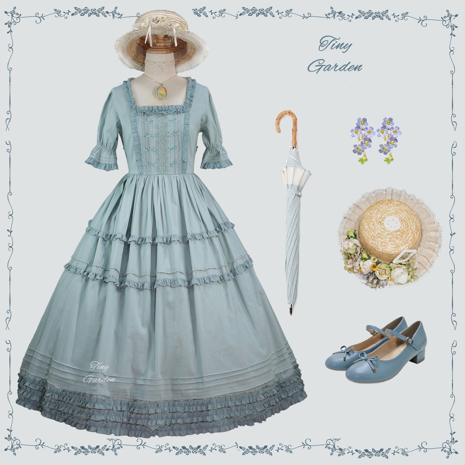 Tiny Garden - Vintage Prom - Elegance Pin Tucks Lolita OP Dress S greyish green
