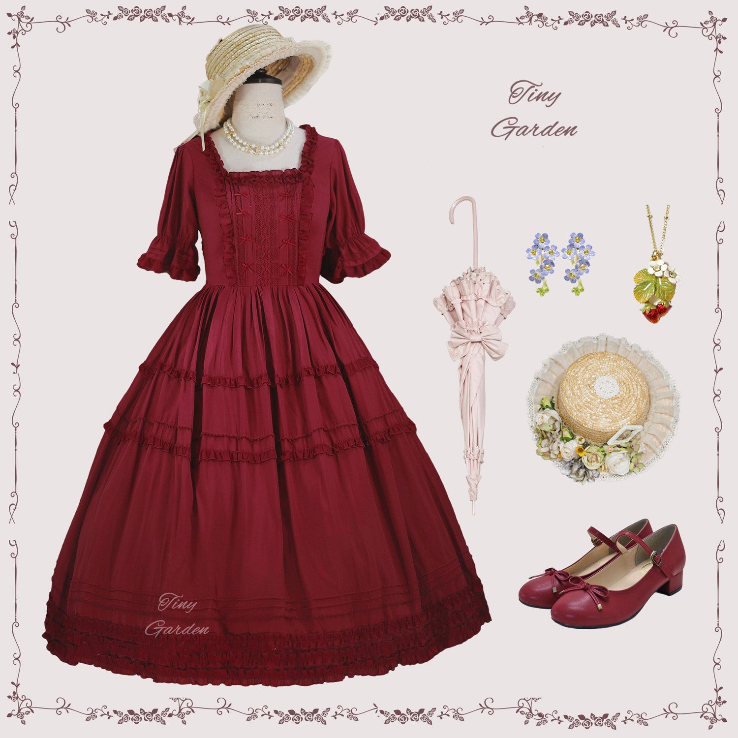 Tiny Garden - Vintage Prom - Elegance Pin Tucks Lolita OP Dress S wine red