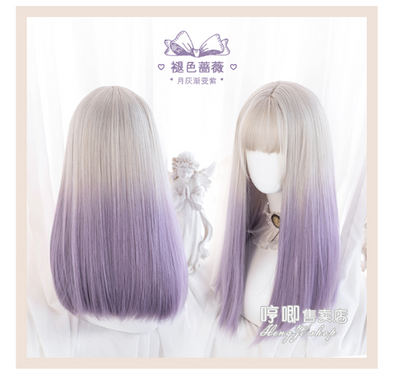 Hengji~Y2K Gradient Color Long Straight Lolita Wig moon grey gradually purple  